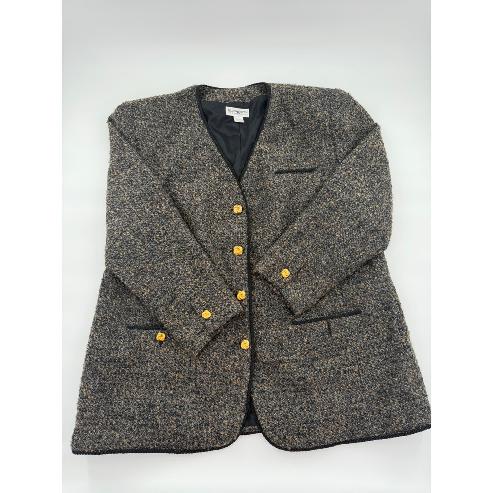 Vintage Elisabeth Liz Claiborne Wool Tweed Blazer Grey Brown Gold Button Size 20